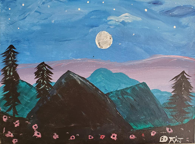 Painting of mountains, trees and night sky with moon in center